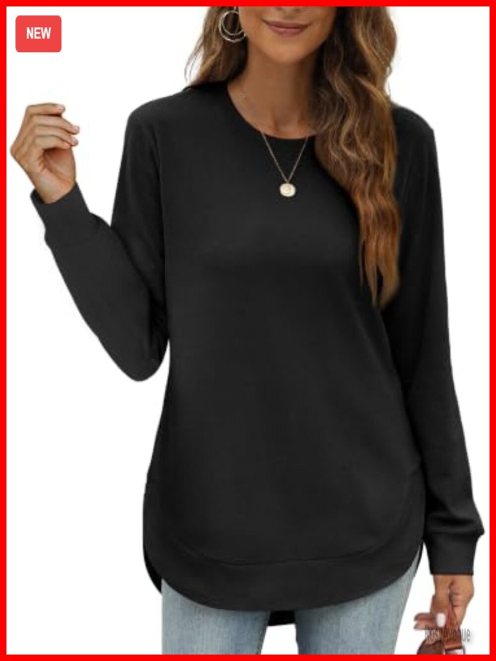 Womens Sweatshirt Crewneck Long Sleeve High Low Curved Hem Tunic Top